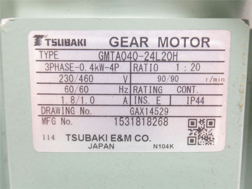 Tsubaki GMTA040-24L20H; Gearmotor; 1:20 Ratio; 230/460VAC