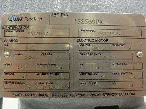 JBT 178569PX; Gear Motor; 1/2Hp; 39.17:1 Ratio; 230/460VAC