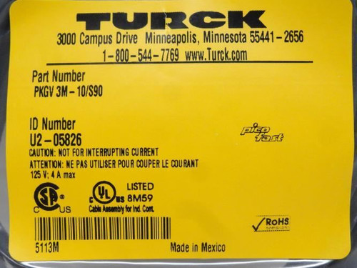 Turck PKGV-3M-10/S90; Cordset U2-05826; 125VAC; 4 Amps