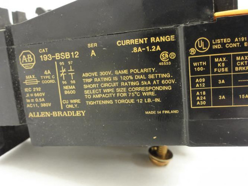 Allen-Bradley 193-BSB12; Overload Relay .8-1.2A 3P 600VAC