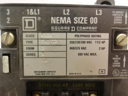 Square D SAO-12; Starter 9A 3P 240V  Coil: 120VAC; NEMA 00