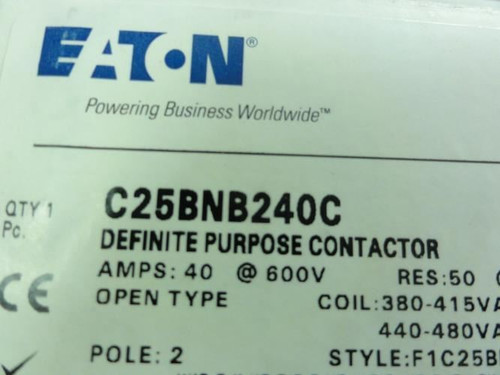 Eaton C25BNB240C; Contactor 40A; 600V; 2P; Coil: 480VAC