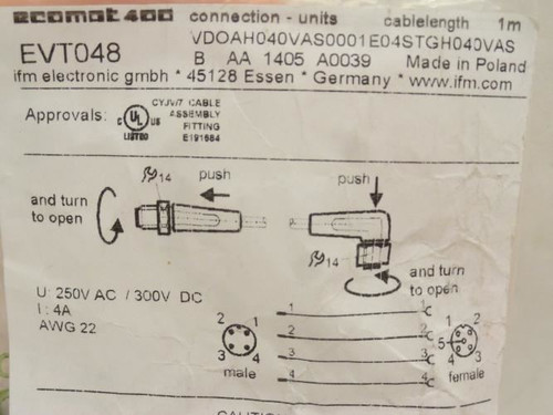 ifm EVT048; Patch Cord; 250VAC; 300VDC; 4 Amp