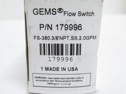GEMS 179996; Liquid Flow Switch FS-380; SS; 3/8NPT; 1-2GPM
