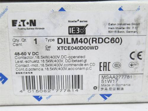 Eaton XTCE040D00WD; Contactor 40A; 3P; 600VAC; Coil: 48-60VDC