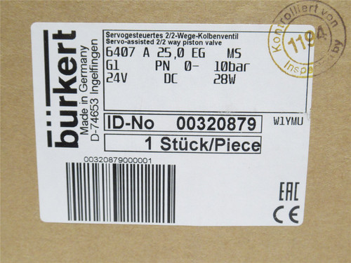 Burkert 320879; Solenoid Valve 2/2 Way 10BAR 24VDC G1 Port