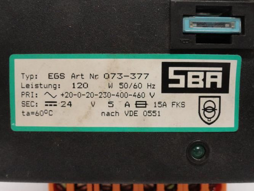 SBA EGS-073-377; Transformer; Secondary: 24VAC