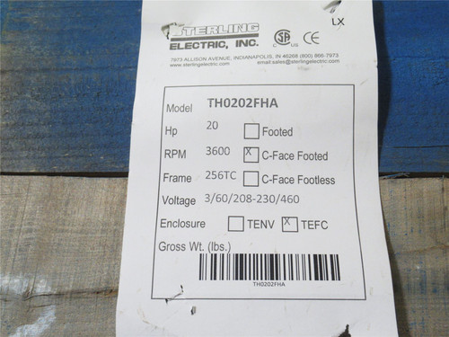 Sterling TH0202FHA; AC Motor; 20HP; 230/460V; 3600RPM; 3PH Sterling TH0202FHA; AC Motor; 20HP; 230/460V; 3600RPM; 3PH