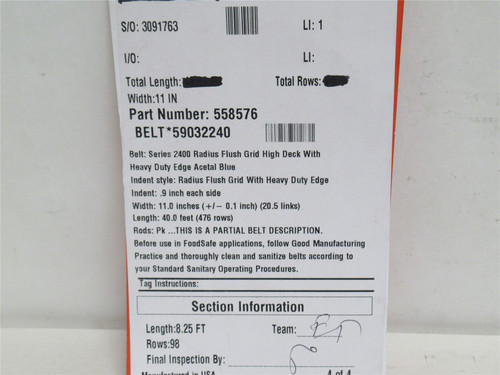 Intralox Ser-2400-55857659032240; Flush Grid Belt 8.25'Lx11"W