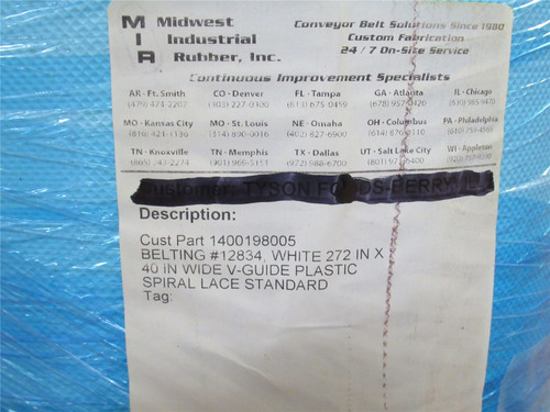 MIR Inc 12834272X40; Belting 40" Wide x 272" Long; W/ V-Guide