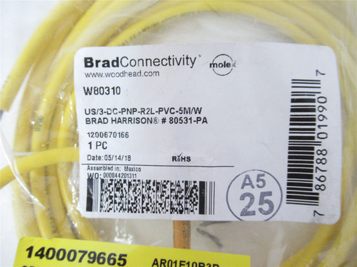 Woodhead  W80310; Cable - 5M; 3 Wire; DC; Right Angle