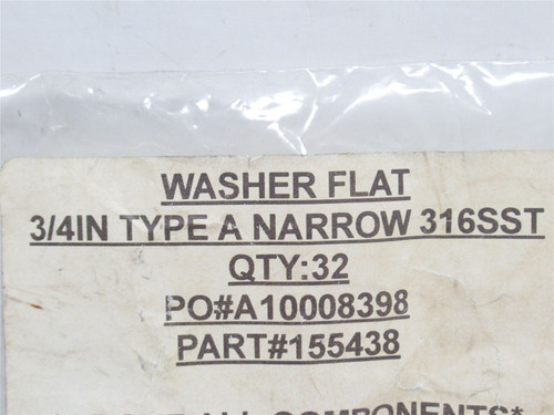 MFG- 155438; Lot-32; Flat Washers; SS-316; Narrow; Size: 3/4"