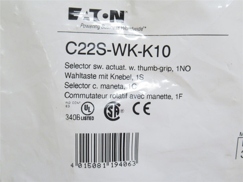 Eaton C22S-WK-K10; Non-Illumin Selector Switch; 2-Pos; 1-NO