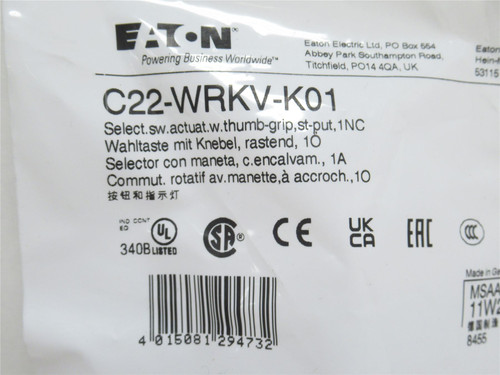 Eaton C22-WRKV-K01; Knob Selector Switch; 2-Pos; 110/230VAC
