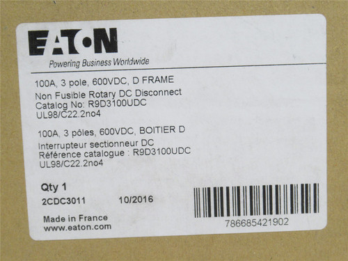 Eaton R9D3100UDC; Rotary Disconnect Switch; 100A; 3P; 600VAC