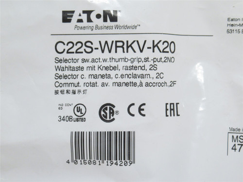 Eaton C22S-WRKV-K20; Push-Button Selector Switch; 3-Pos; 2-NO