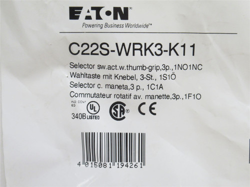 Eaton C22S-WRK3-K11; Push-button Selector Switch Knob; 3-Pos