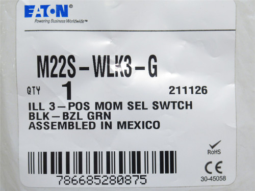 Eaton M22S-WLK3-G; Selector Switch Operator; Green; Momentary