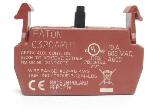 Eaton C320AMH1; Auxiliary Contact Block; 10A; 600VAC; 1 Pole