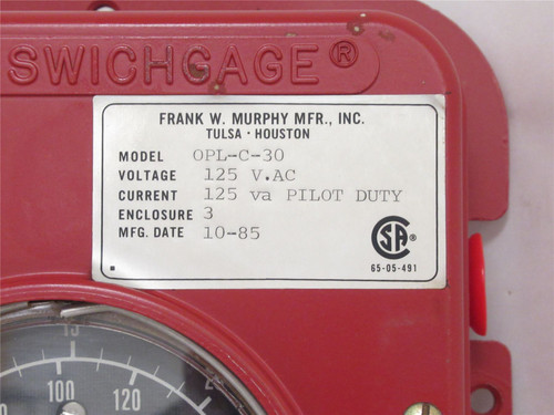 FWMurphy OPL-C-30; SwitchGage; 125VAC; 0-30PSI; 0-200kPa