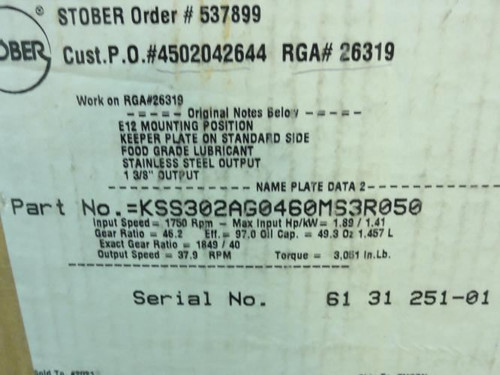 Stober KSS302AG0460MS3R050; Gearbox; 46.2:1 Ratio; 1.89HP