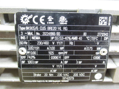 Nord SK90S/6 CUS BRE20 HL RG; Brake Motor; 1HP; 230/460VAC