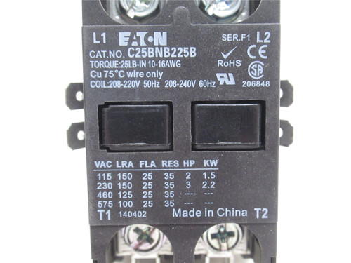 Eaton C25BNB225B; Contactor 25A; 2P; 600VAC; Coil: 208-220VAC