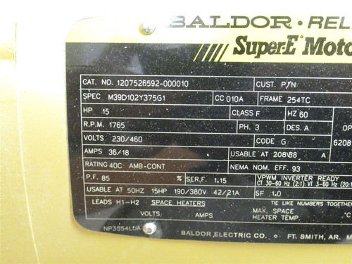 Baldor M39D102Y37561; AC Motor; 15HP; 230/460V; 1765RPM; 3PH