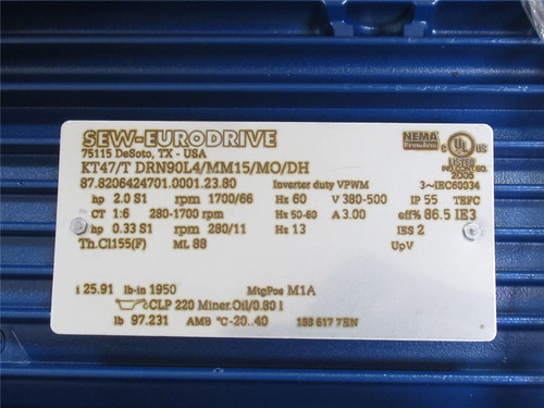 SEW KT47/TDRN90L4/MM15/MO/DH; AC Gearmotor; 26:1 Ratio; 2HP