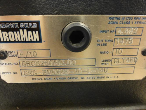 Grove Gear GRG8260183.00; Worm Gear Reducer; 4.492Hp; 10:1Ratio