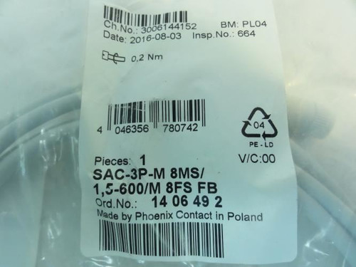 Phoenix Contact 1406492; Sensor Cable; 4A; 48VAC; 60VDC