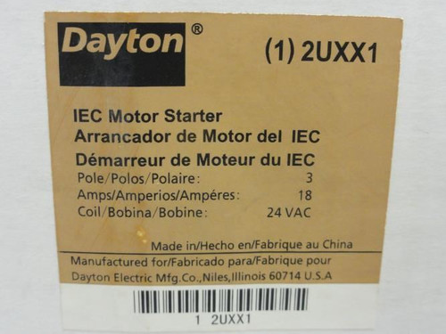 Dayton 2UXX1; Starter 18A; 3P; 600V Max; Coil: 24VAC