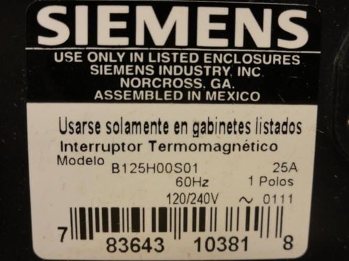 Siemens B125H00S01; Circuit Breaker; 1P; 25A; 120V