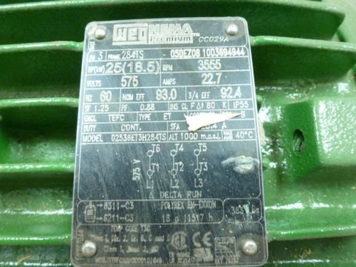 WEG 02536ET3H284TS; AC Motor 25HP; 575V; 3555RPM 1-1/8" Shaft OD