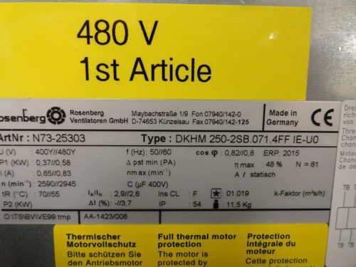 Rosenberg DKHM 250-2SB.071.4FF; Turbine Fan; 400-480VAC