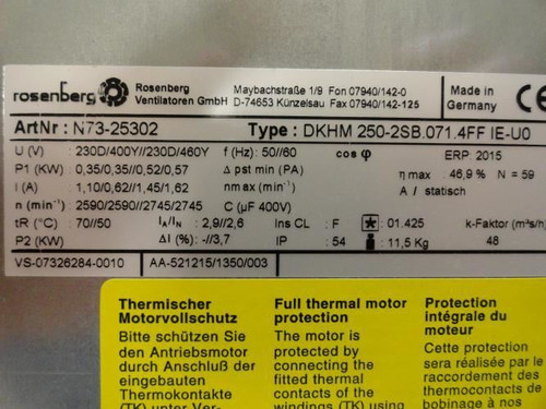Rosenberg DKHM 250-2SB.071.4FF; Turbine Fan; 230-460VAC