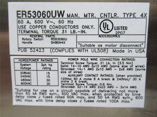 Eaton ER53060UW; Enclosed SS Rotary Switch; 60A; 600VAC; 3PH