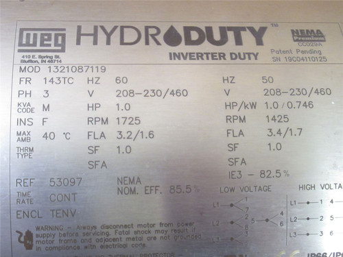 WEG 1321087119; Washdown Motor SS; 1HP; 1725RPM; 230/460V; 3PH