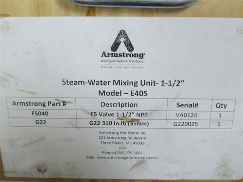 Armstrong E40S; Steam/Water Mixer Digital F5 Valve 1-1/2NPT