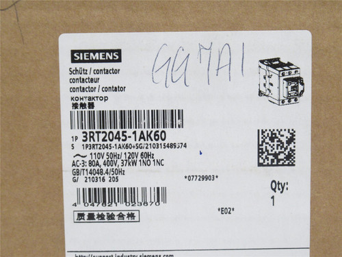 Siemens 3RT2045-1AK60; Contactor 80A; 3P; 400VAC; Coil: 120V