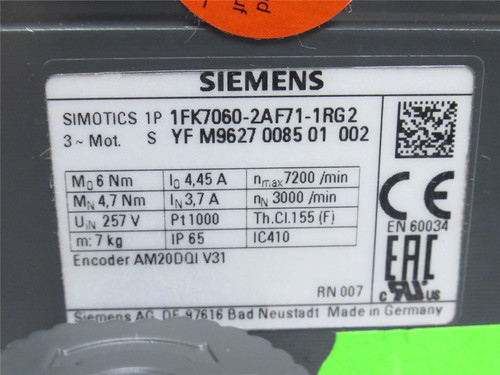 Siemens 1FK7060-2AF71-1RG2; Servo-Motor; 1.5kW; 257VAC; 3PH