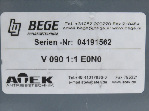 Bege V 090 1:1 E0NO; Bevel Gear Drive; RA; 1:1 Ratio