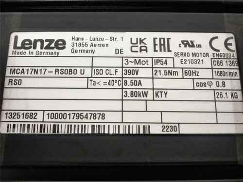 Lenze MCA17N17-RS0B0; Servo Motor; 5.1HP; 390V; 1680 RPM