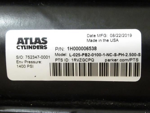 Atlas L-025-PB2-0100-1-NC-S-PH-2.500-S; Air Cylinder; 1400PSI