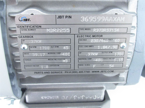 JBT R37DRS71S4; Motor GearBox; .37KW; 39:1 Ratio; 1700RPM