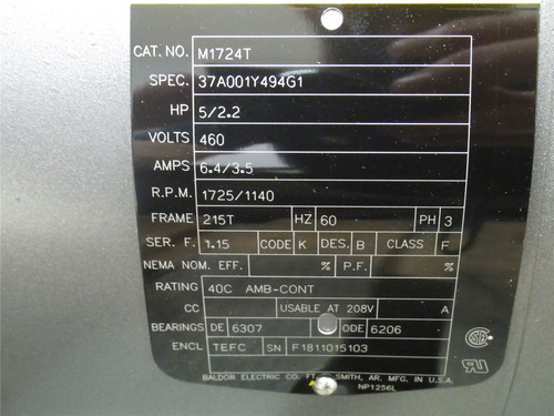 Baldor M1724T; Two Speed Motor; 5/2.2HP; 460VAC; 1725/1140RPM