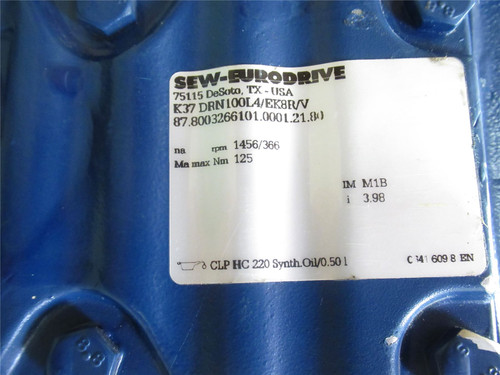 SEW K37DRN100L4/EK8R/V; AC Gearmotor; W/Brake; 4:1 Ratio; 4HP