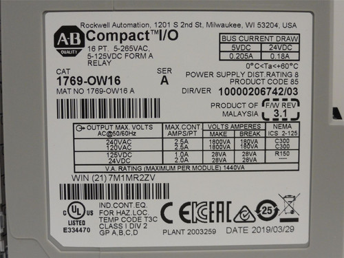 Allen-Bradley 1769-OW16; Relay Output Module; 16 Point