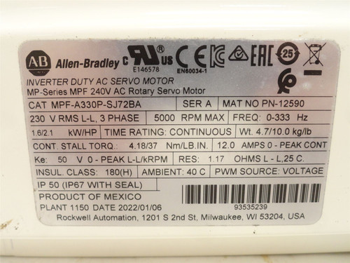 Allen-Bradley MPF-A330P-SJ72BA; Servo-Motor; 2.1HP; 240VAC