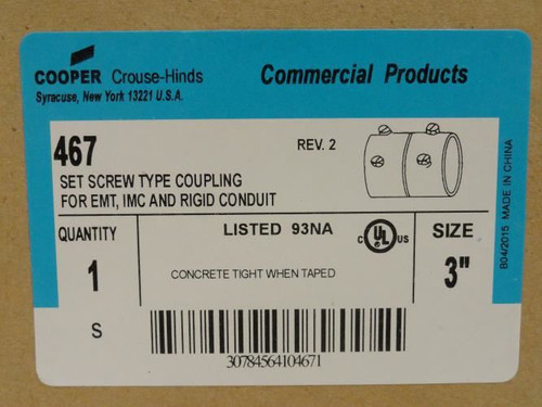 Cooper 467; Rigid Conduit Coupler; Size: 3"; Steel; EMC/IMC